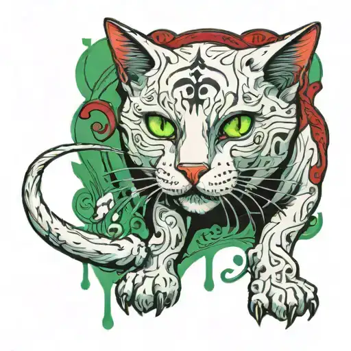  White cat with black staines, walking and looking in front of, with green eyes and with scars and red blood  tattoo design idea