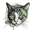 black and White cat walking and looking in front of, with green eyes and with scars and blood  tattoo design idea