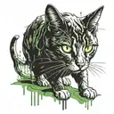 black and White cat walking and looking in front of, with green eyes and with scars and blood  tattoo design idea