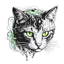 black and White cat walking and looking in front of, with green eyes and with scars and blood  tattoo design idea