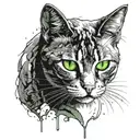 black and White cat walking and looking in front of, with green eyes and with scars and blood  tattoo design idea