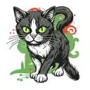 black and White cat walking and looking in front of, with green eyes and with scars and red blood  tattoo design idea