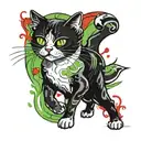 black and White cat walking and looking in front of, with green eyes and with scars and red blood  tattoo design idea