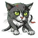 black and White cat walking and looking in front of, with green eyes and with scars and red blood  tattoo design idea