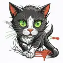black and White cat walking and looking in front of, with green eyes and with scars and red blood  tattoo design idea