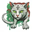  White cat with black staines, walking and looking in front of, with green eyes and with scars and red blood  tattoo design idea