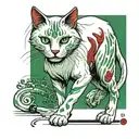  White cat with black staines, walking and looking in front of, with green eyes and with scars and red blood  tattoo design idea