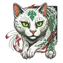 White cat with black staines, walking and looking in front of, with green eyes and with scars and red blood  tattoo design idea