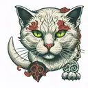  White cat with black staines, walking and looking in front of, with green eyes and with scars and red blood  tattoo design idea