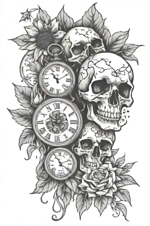 life/death... skull &broken pocket watch, eith lily, daisy and sunflowers. feret and robin footprints below. tree oflife tattoo design idea
