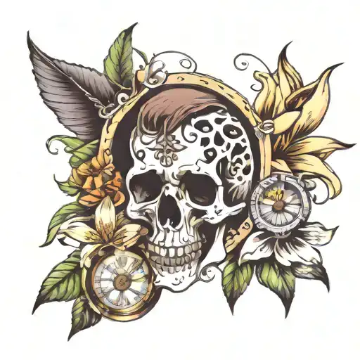 skull with broken pocket watch surrounded by lily, daisy and sun flowers. feret and robin footprints with rainbow+smile tattoo design idea