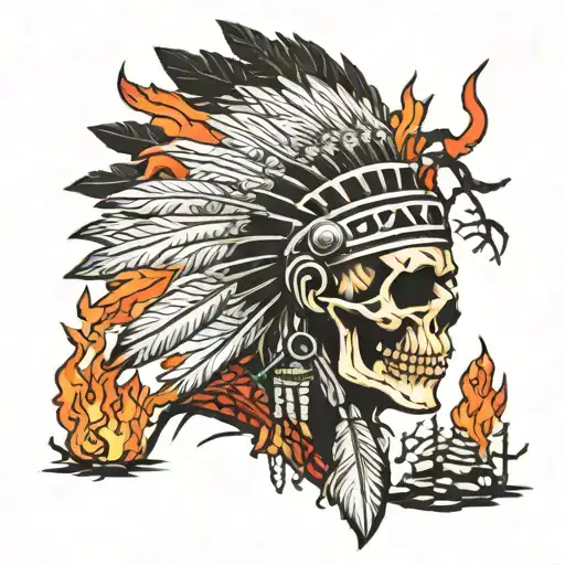 chief indian skull with black trees beneath and a fire with logs around a fire  tattoo design idea