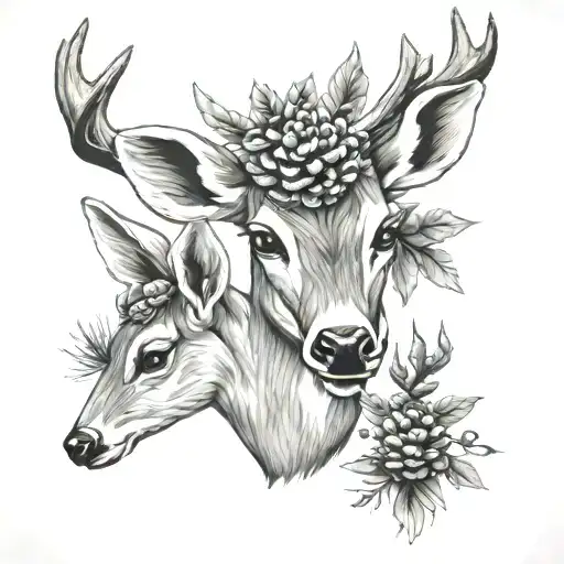 doe with 2 baby doe 1 baby buck head with pinecones tattoo design idea