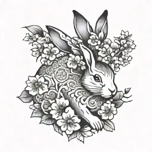 Japanese styled rabbit with sakura flowers and traditional japanese pattern tattoo design idea