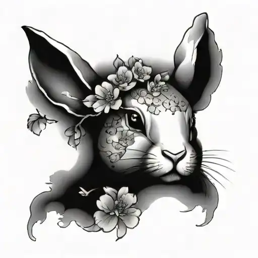 Japanese styled rabbit with sakura flowers  tattoo design idea