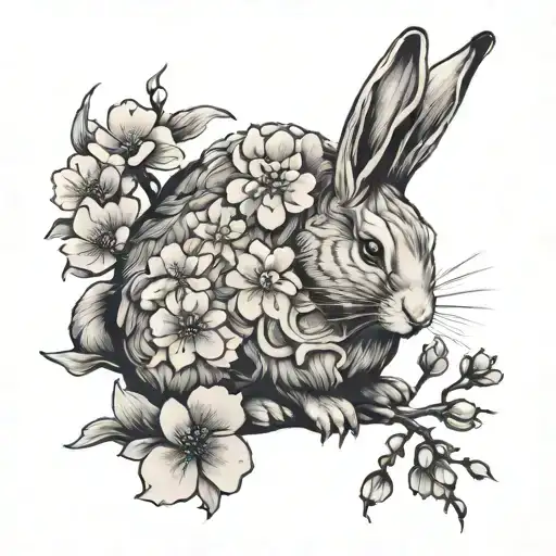 Japanese styled rabbit with sakura flowers intertwined tattoo design idea