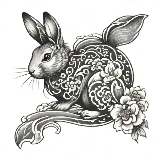 Japanese styled rabbit with sakura flowers and traditional japanese wave pattern tattoo design idea