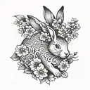 Japanese styled rabbit with sakura flowers and traditional japanese pattern tattoo design idea