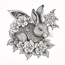 Japanese styled rabbit with sakura flowers and traditional japanese pattern tattoo design idea