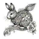 Japanese styled rabbit with sakura flowers and traditional japanese wave pattern tattoo design idea
