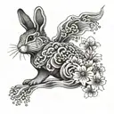 Japanese styled rabbit with sakura flowers and traditional japanese wave pattern tattoo design idea