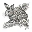 Japanese styled rabbit with sakura flowers and traditional japanese wave pattern tattoo design idea