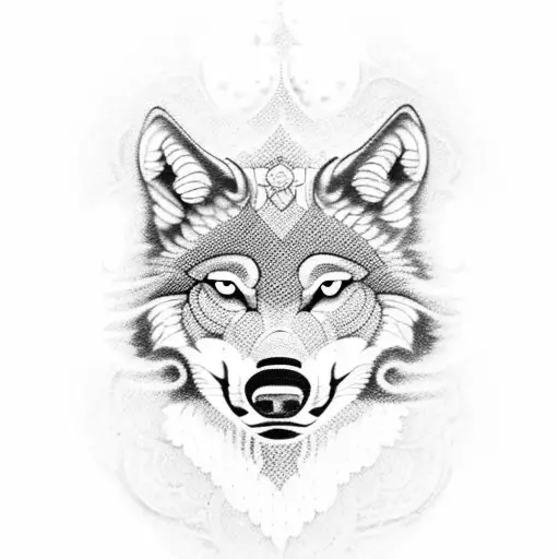 An intricate blackwork tattoo of a wolf in a meditative pose, representing the balance between strength and calmness in fitness and fight tattoo design idea