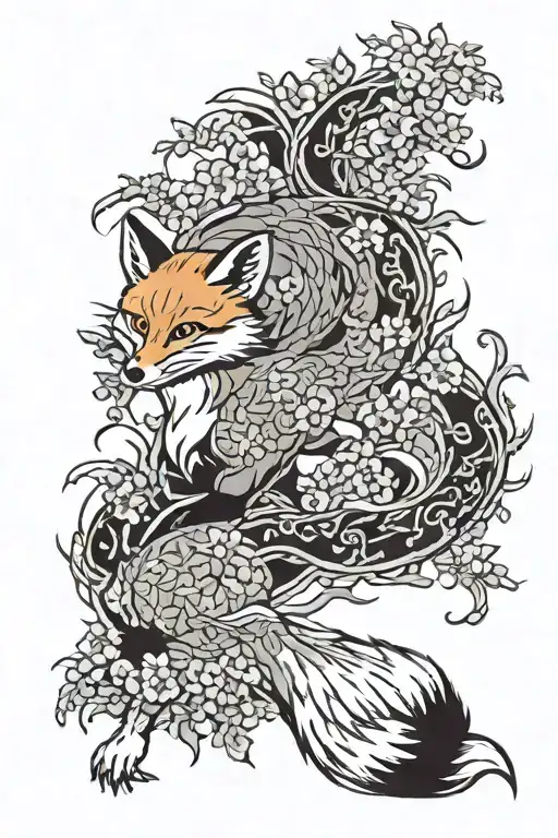 9 tail Fox with wisteria wrapping tattoo design idea