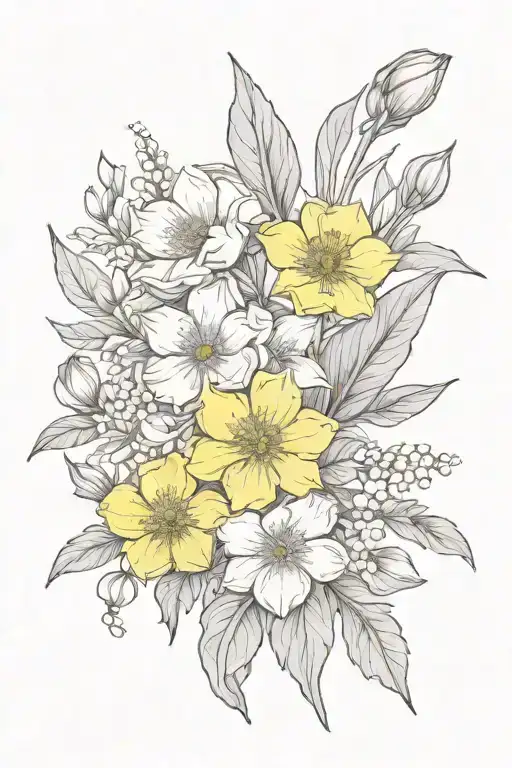 fine line bouquet of one violet, one poppy, one daffodil, one peony, one snow drop, and one honeysuckle tattoo design idea