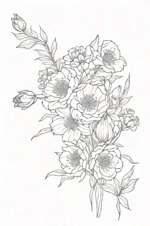 fine line bouquet of one violet, one poppy, one daffodil, one peony, one snow drop, and one honeysuckle tattoo design idea