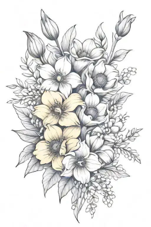 fine line bouquet of violet, poppy, daffodil, peony, snow drop, and honeysuckle tattoo design idea