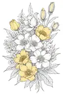 fine line bouquet of one violet, one poppy, one daffodil, one peony, one snow drop, and one honeysuckle tattoo design idea