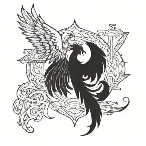 Phoenix and cross intertwined tattoo design idea