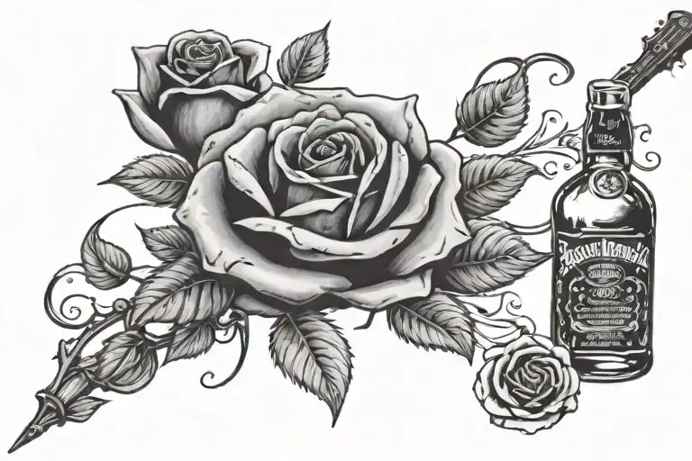 neck tattoo Center Piece black rose Right Side Jack Daniel’s Bottle Daniel’s" should be visible Left Side Guitar tattoo design idea