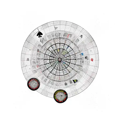 A dartboard with the Hamburg skyline as the bullseye, surrounded by playing cards tattoo design idea