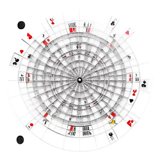 A dartboard with the Hamburg skyline as the bullseye, surrounded by playing cards tattoo design idea