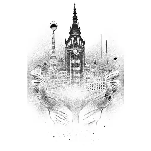 A poker hand holding darts instead of cards, with Hamburg skyline in the background tattoo design idea