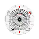 A dartboard with the Hamburg skyline as the bullseye, surrounded by playing cards tattoo design idea