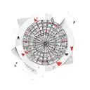 A dartboard with the Hamburg skyline as the bullseye, surrounded by playing cards tattoo design idea