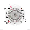 A dartboard with the Hamburg skyline as the bullseye, surrounded by playing cards tattoo design idea