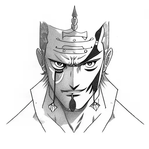 A detailed portrait of Roronoa Zoro with his three swords tattoo design idea