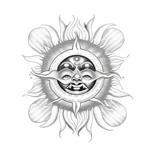 A new-school design of a sun and moon intertwined with lily flowers tattoo design idea