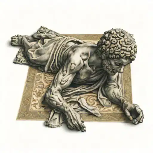 antique statue lies on a Russian carpet tattoo design idea