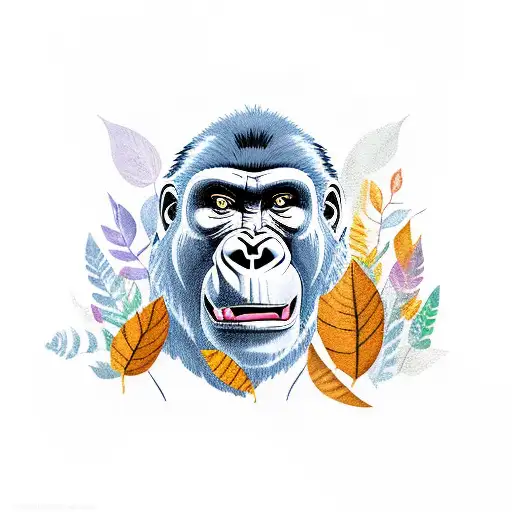 yelling gorilla with leaves tattoo design idea