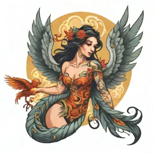 feminine phoenix rising woman posing tattoo design idea