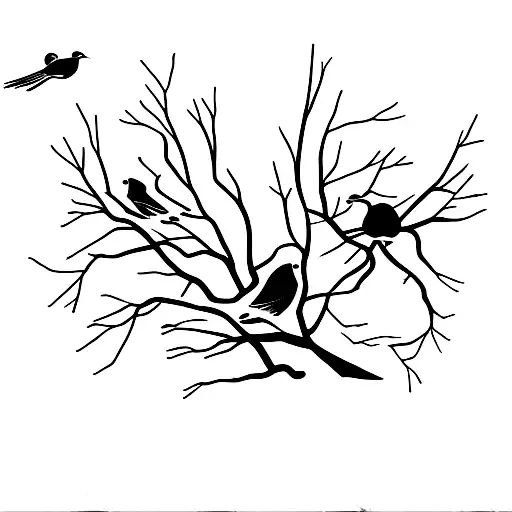 Two adult birds and 2 baby birds sitting on a solo tree branch looking out at 3 baby birds flying away incorporate a sem tattoo design idea