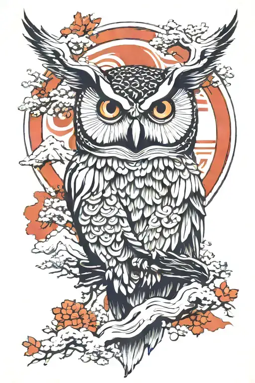 abstract owl head surrounded by trees and mountains watching over everything tattoo design idea