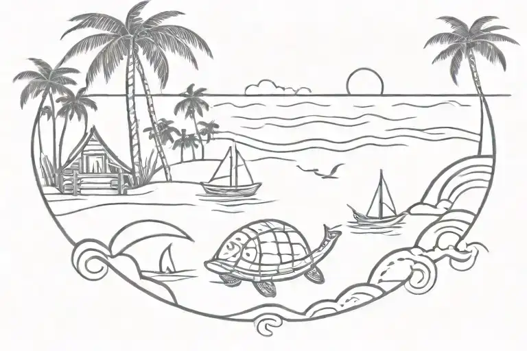 beach tattoo design combining elements like boat, coconut trees, shacks, waves, sunrise, turtle, shell,wine glass,fish tattoo design idea