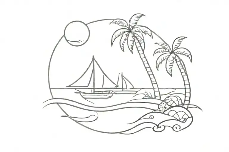 beach tattoo design combining elements like boat, coconut trees, shacks, waves, sun, turtle, shell,wine glass  tattoo design idea