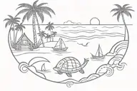 beach tattoo design combining elements like boat, coconut trees, shacks, waves, sunrise, turtle, shell,wine glass,fish tattoo design idea